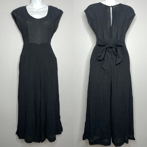ANTHROPOLOGIE Cropped Wide Leg Jumpsuit Womens Size 0 Black Abbey Crepe Belted - Picture 2 of 10
